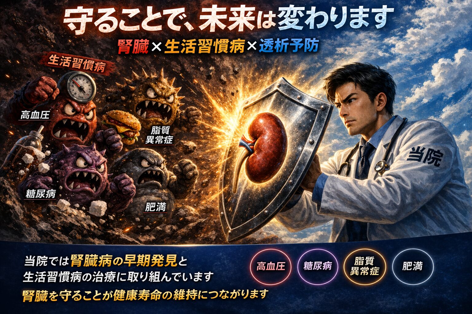 生活習慣病から腎臓を守り、透析予防につなげるイメージ